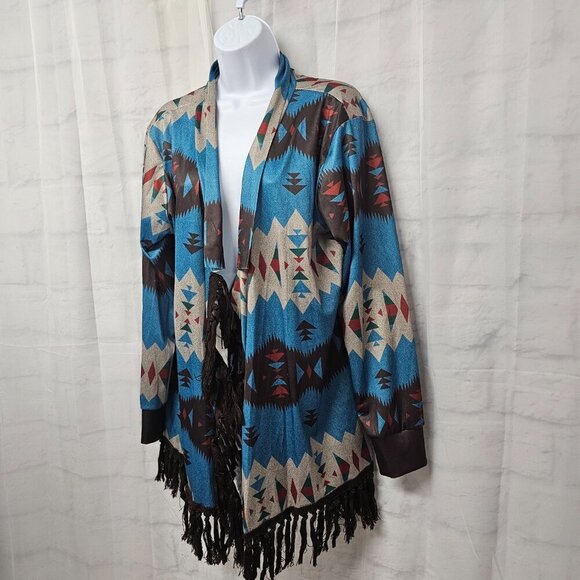 Blue Brown Aztec Kimono Fringed Southwestern Bohemian Cardigan XL - Picture 7 of 12